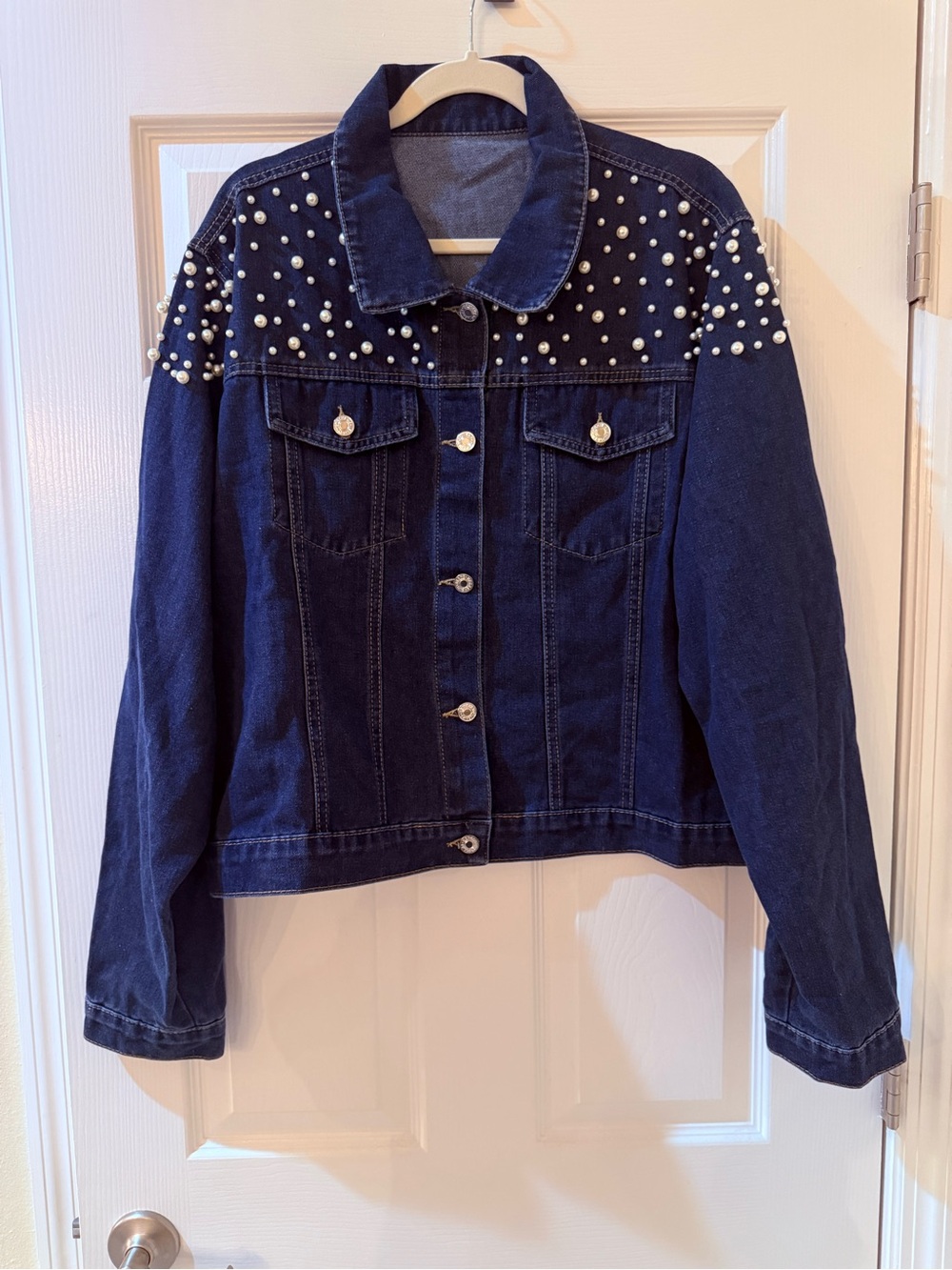 Pearl-Accent Dark Blue Denim Jacket - Women